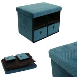 BANC PLIABLE TIROIR X2 VELOURS A MOTIF BLEU