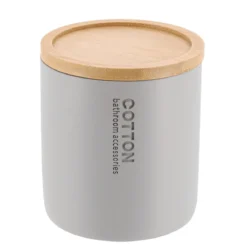 BOITE A COTON POLYRESINE COUVERCLE BAMBOU GRIS CLAIR