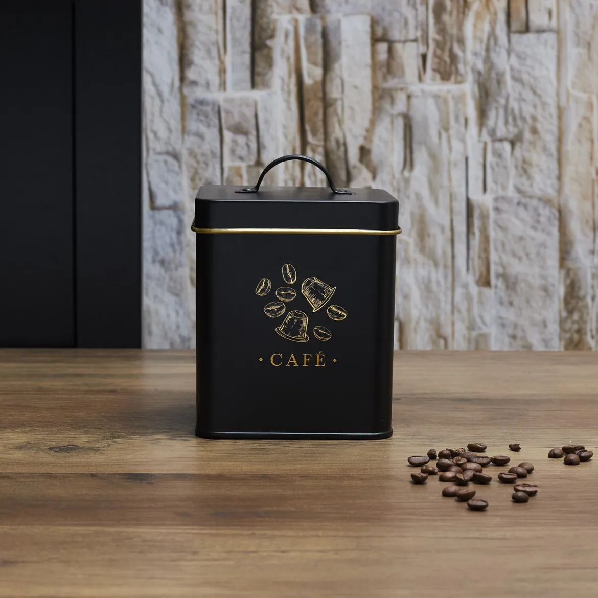 BOITE METAL NOIR ET DORE CAFE