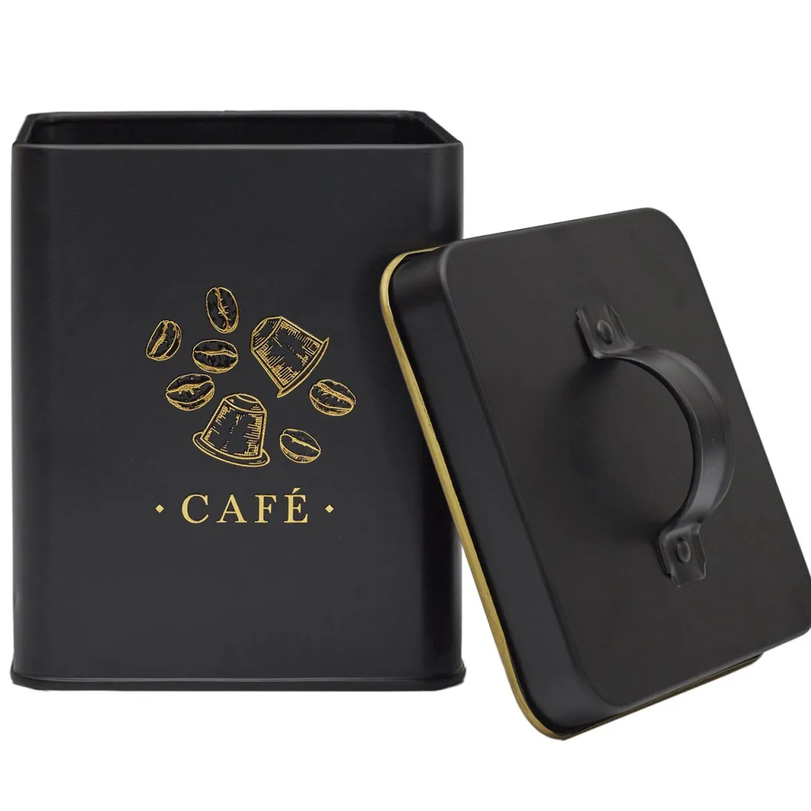 BOITE METAL NOIR ET DORE CAFE