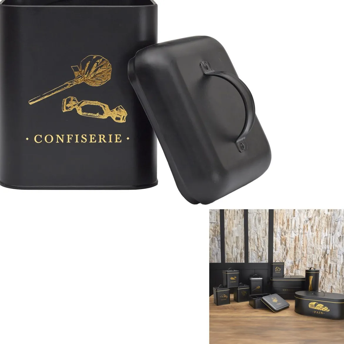BOITE METAL NOIR ET DORE CONFISERIE