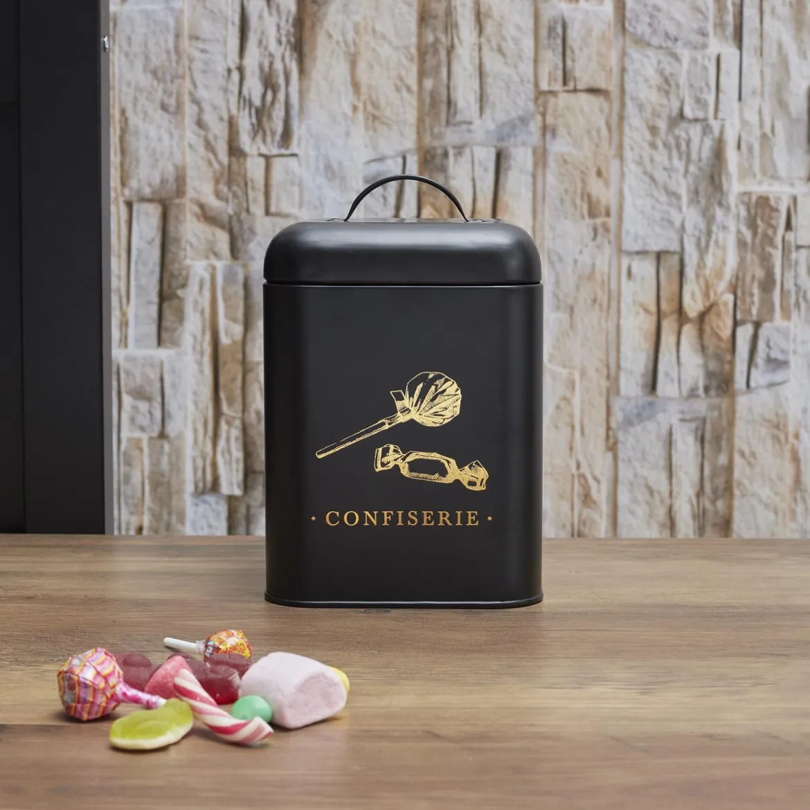 BOITE METAL NOIR ET DORE CONFISERIE