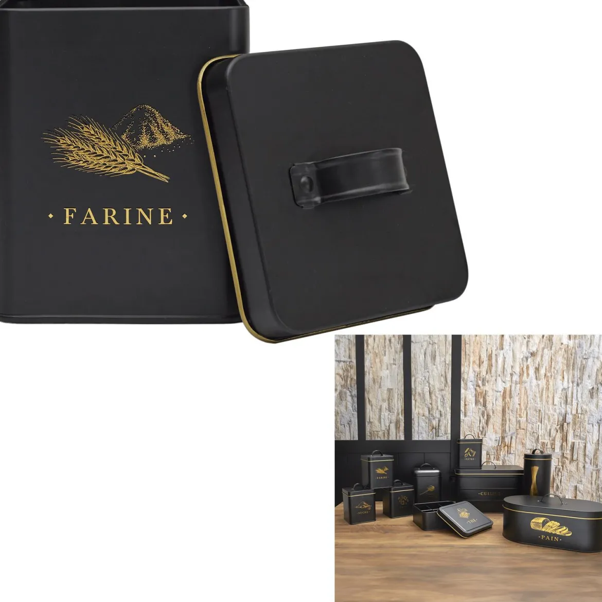 BOITE METAL NOIR ET DORE FARINE