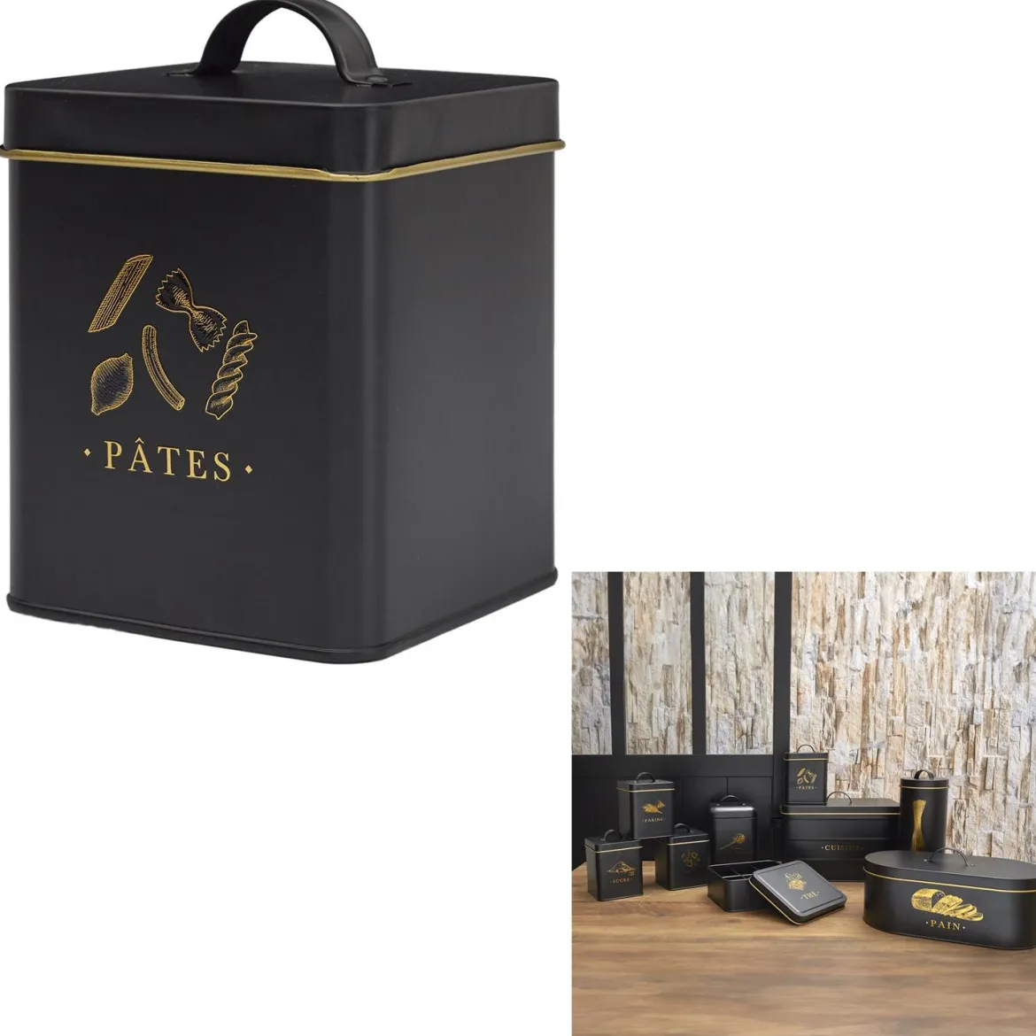 BOITE METAL NOIR ET DORE PATES