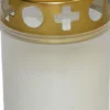 BOUGIE FUNERAIRE PLASTIQUE COUVERCLE METAL OR H.9CM BLANC