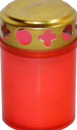 BOUGIE FUNERAIRE PLASTIQUE COUVERCLE METAL OR H.9CM ROUGE
