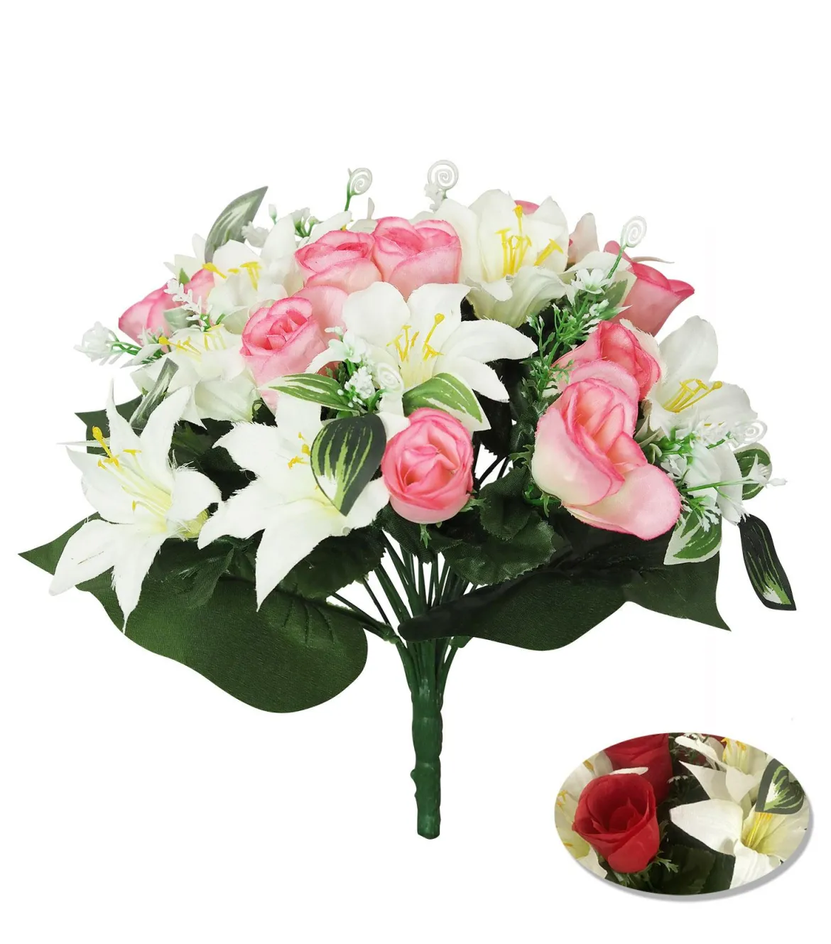 BOUQUET LYS ET BOUTONS ROSE H.33CM ROSE BLANC