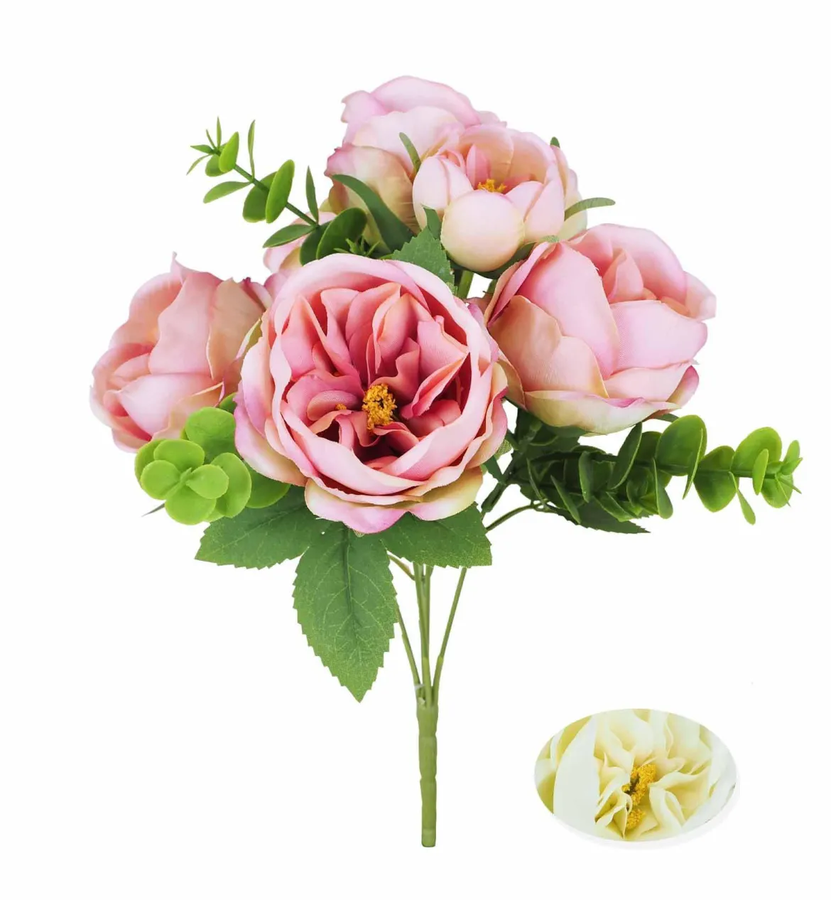 BOUQUET 5 PIVOINES H.32CM BLANC ET ROSE