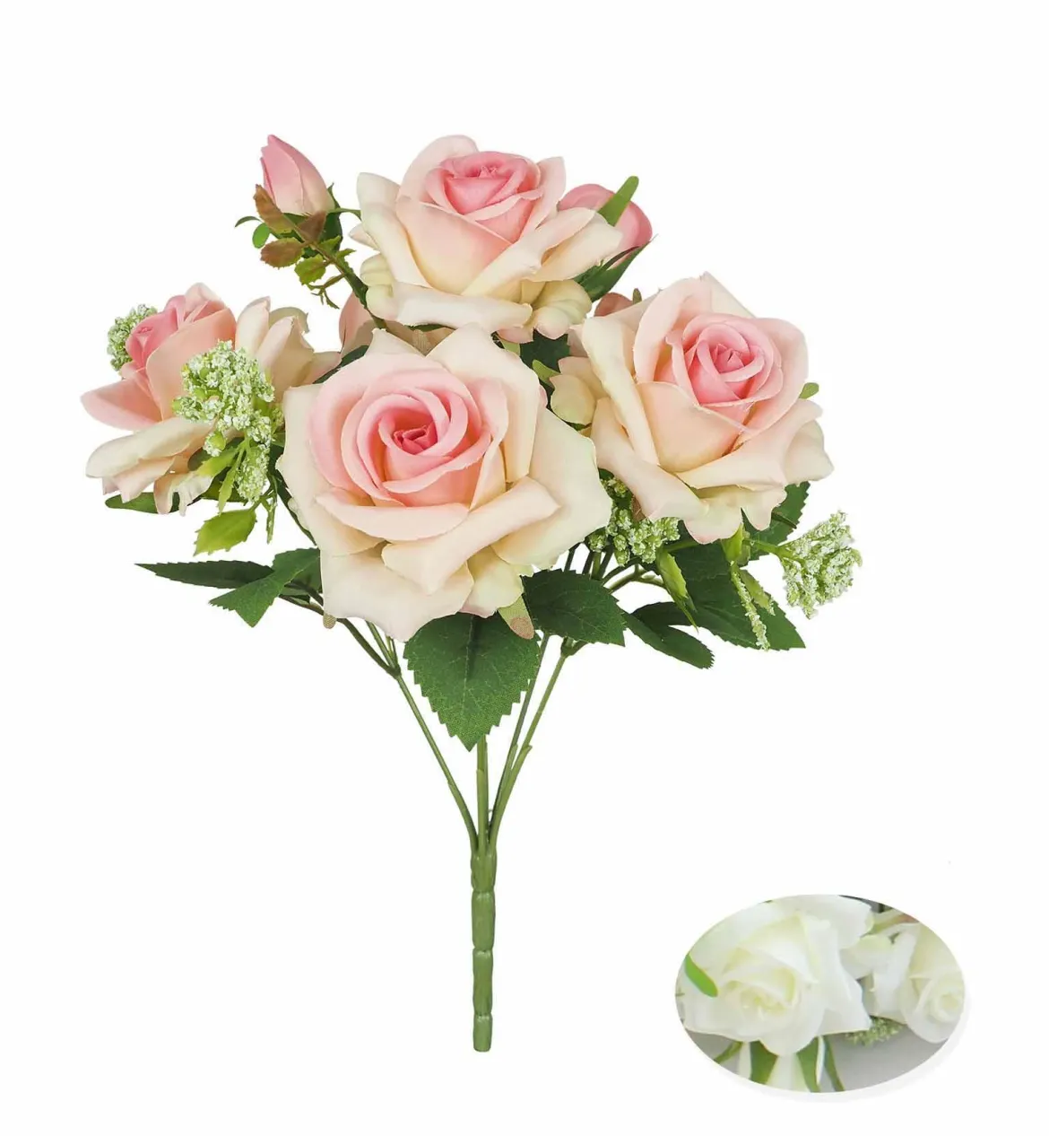 BOUQUET 6 ROSES H.32CM BLANC ET ROSE