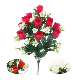 BQT DE 12 BOUTONS DE ROSES ET MINIS FLEURS H46CM 3 COULEURS