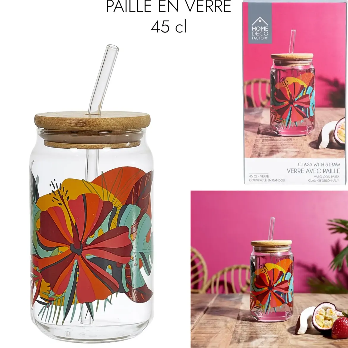 CANETTE ET PAILLE VERRE PARADIS EXOTIQUE 45CL