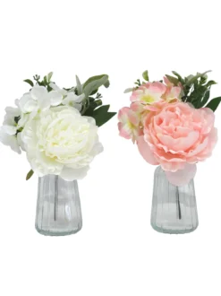 CENTRE DE TABLE PIVOINE ET HORTENSIA H25CM ROSE ET BLANC