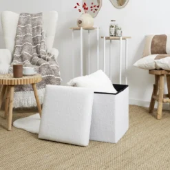 COFFRE POUF PLIABLE BOUCLETTE BLANC