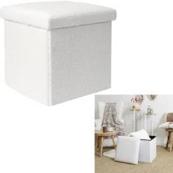 COFFRE POUF PLIABLE BOUCLETTE BLANC