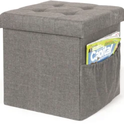 COFFRE POUF PLIABLE TISSU GRIS FONCE