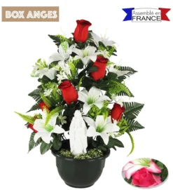 COMPOSITION 8 LYS ET 6 BOUTONS ROSES VIERGE H.63CM