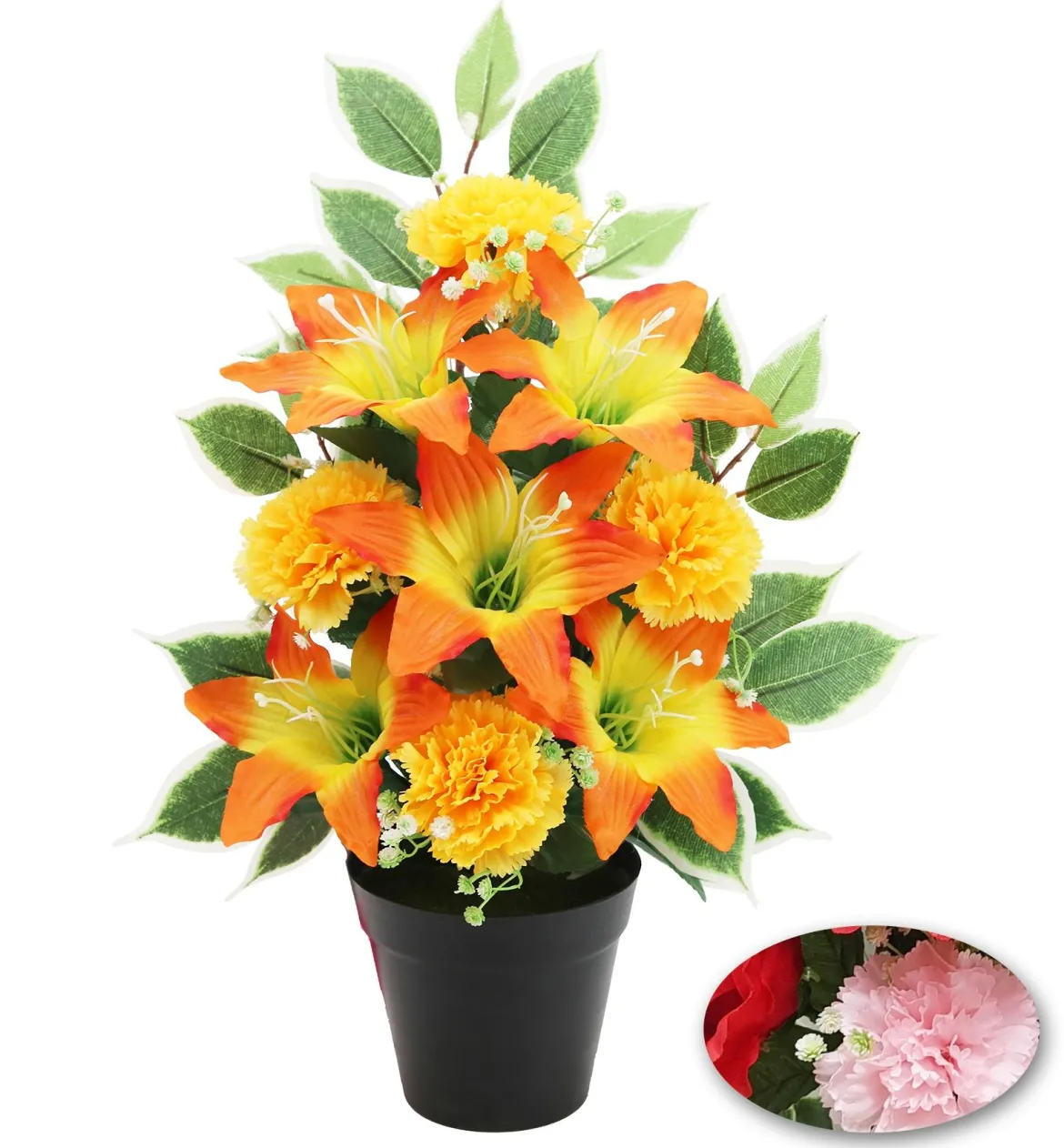 COMPOSITION 5 LYS 4 OEILLETS ET FICUS POT H.46CM COULEURS AS