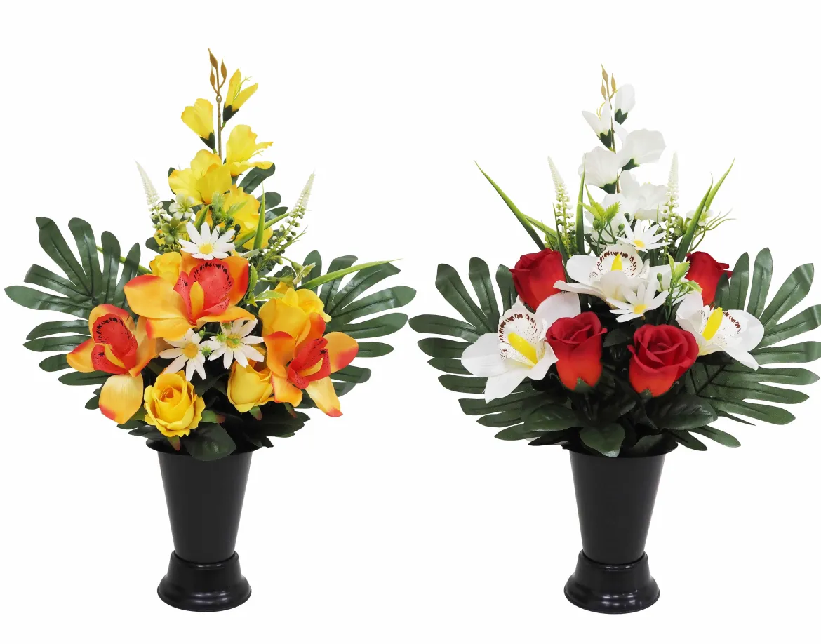 COMPOSITION ROSES ORCHIDEES FEUILLAGE H.55CM 2 COULEURS