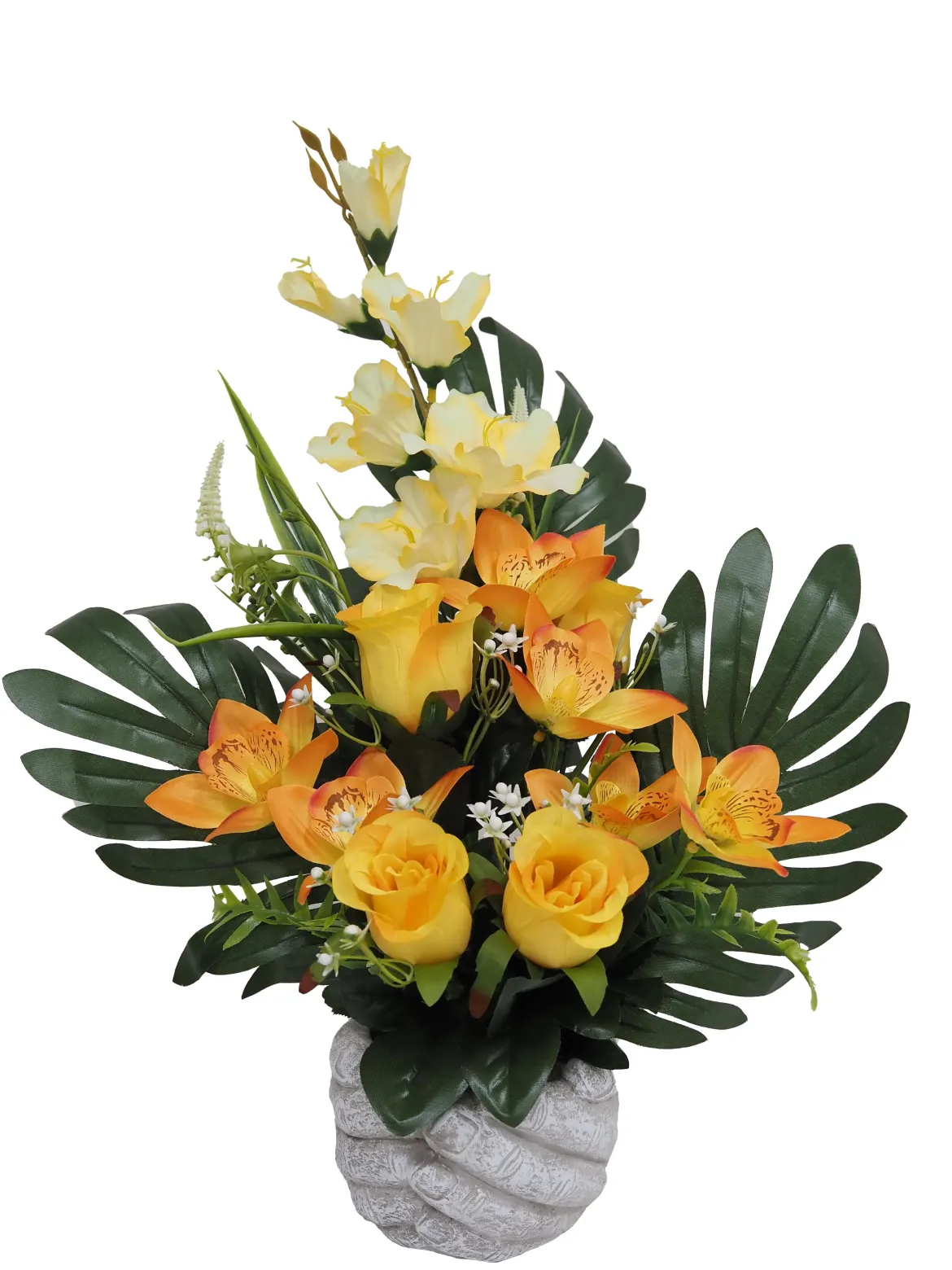 COMPOSITION ROSES ORCHIDEES GLAIEULS H.50CM 3 COULEURS
