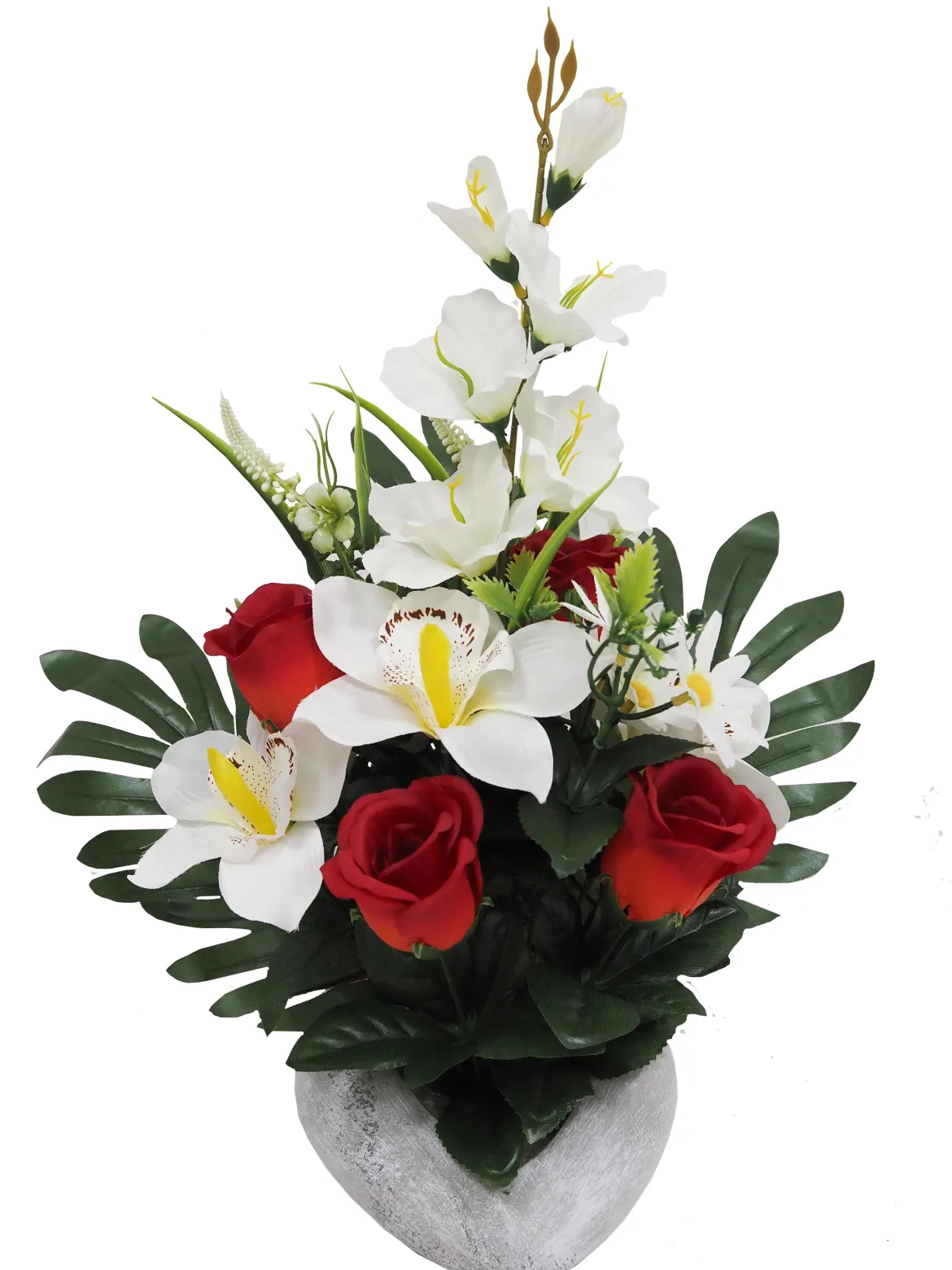 COMPOSITION ROSES ORCHIDEES H.52CM CIMENT COEUR 2 COULEURS