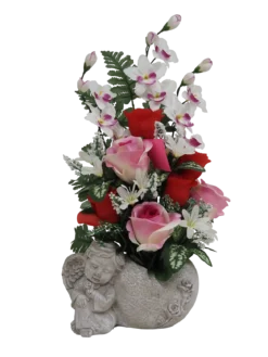 COMPOSITION ROSES ORCHIDEES ET FEUILLAGE H.52CM 2 COULEURS