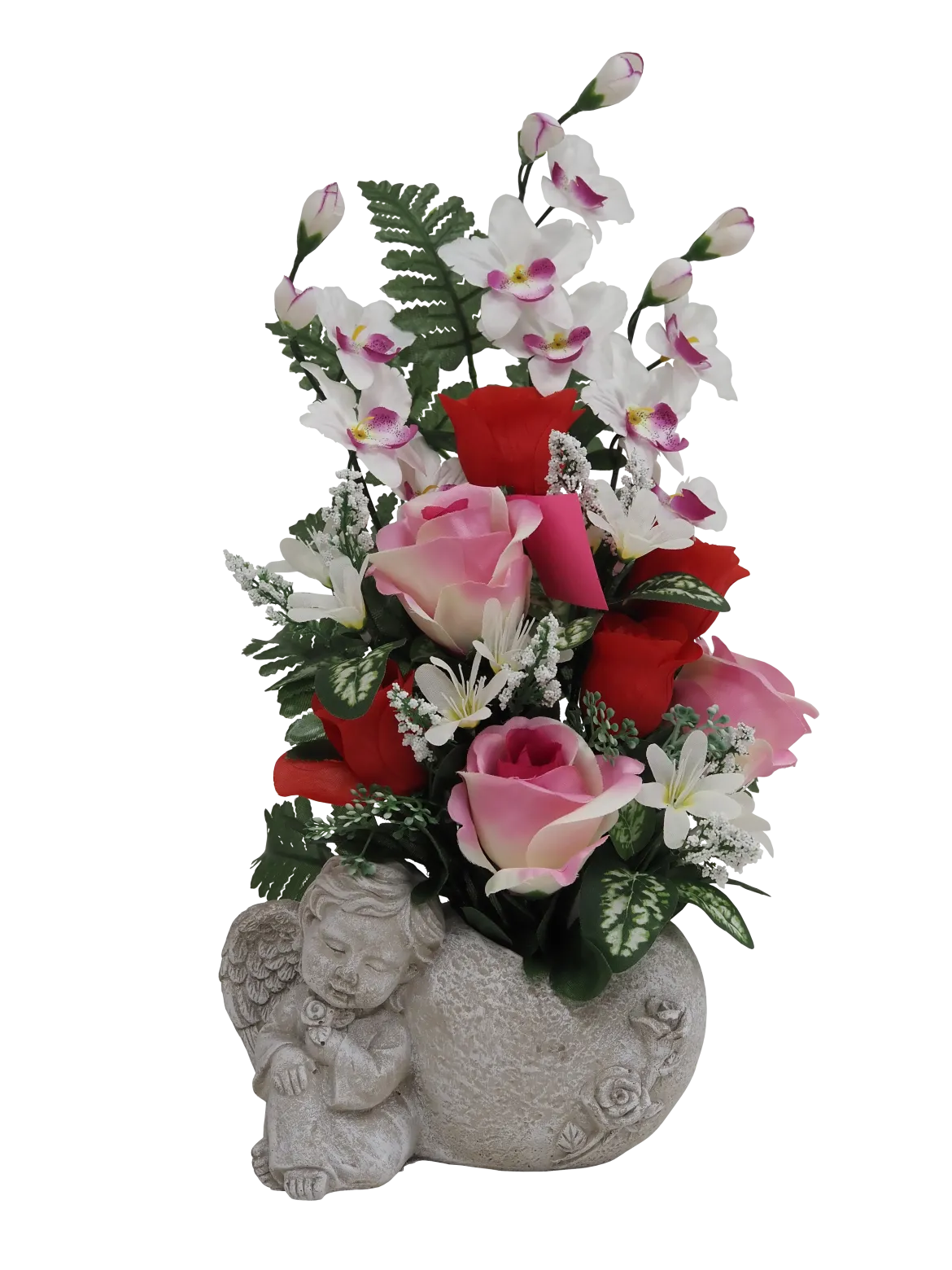 COMPOSITION ROSES ORCHIDEES ET FEUILLAGE H.52CM 2 COULEURS