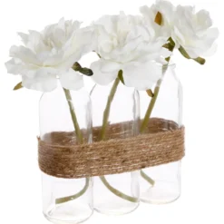 COMPOSITION ROSES TUBE VERRE H.23CM X3