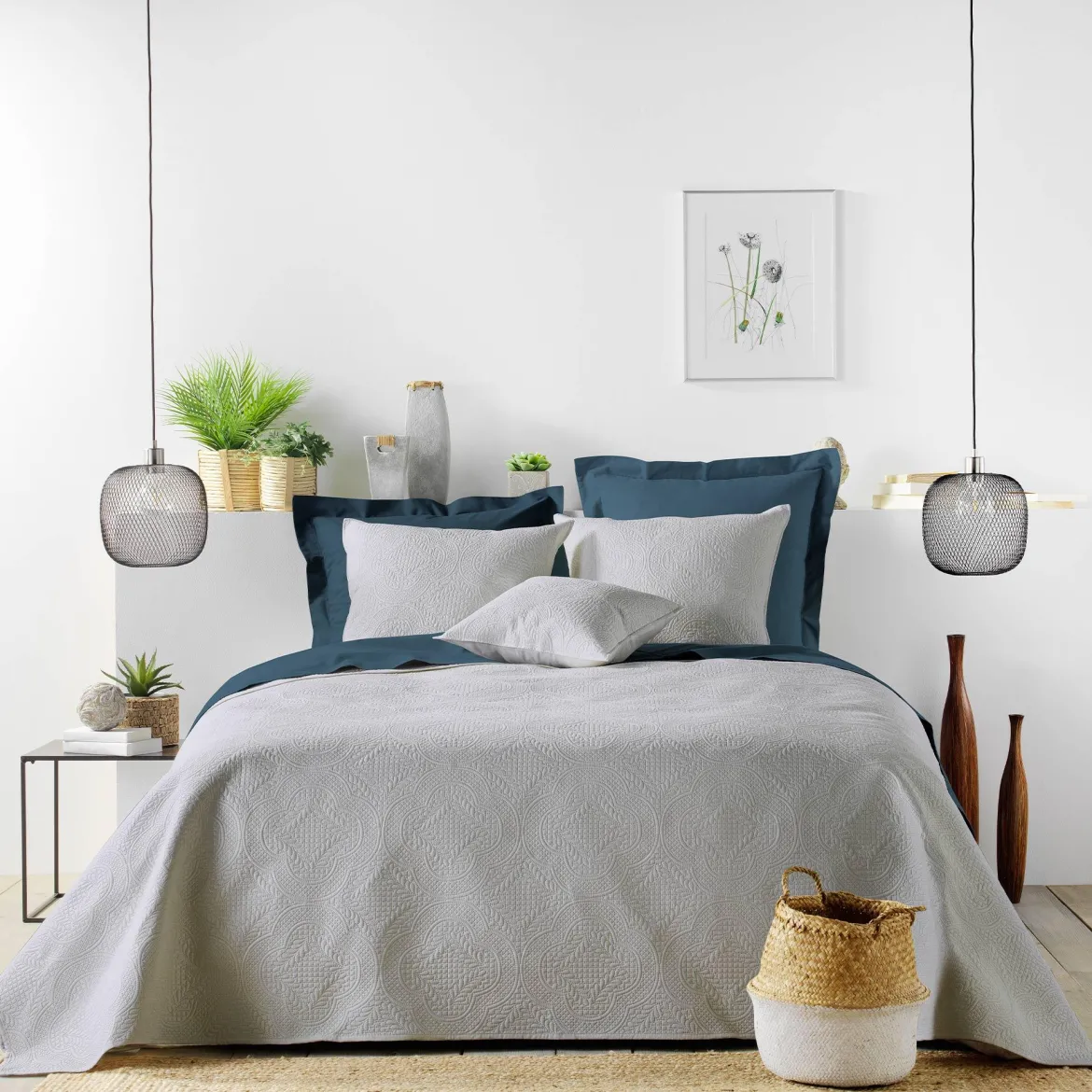 COUVRE LIT 220X240CM ET 2 TAIES 60X60CM ROMANE GRIS