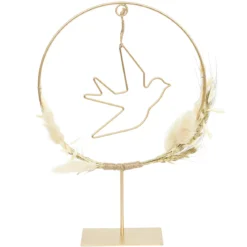 DECORATION A POSER CERCLE OISEAU DORE ET FLEURS SECHEES H.28