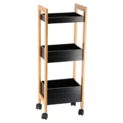 DESSERTE BAMBOU SUR ROULETTES 3 ETAGERES NOIR BAMBOU