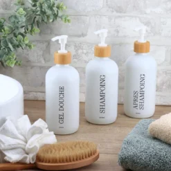 DISTRIBUTEUR SHAMPOING VERRE BAMBOU 500ML BLANC MAT
