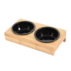 DOUBLE GAMELLE NOIRE D.16CM SUPPORT BAMBOU 37X19.5CM