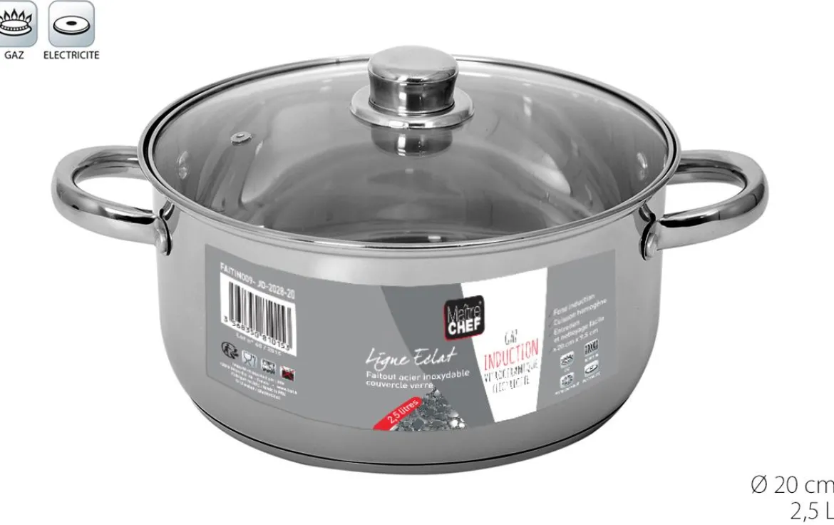 FAITOUT INOX AVEC COUVERCLE VERRE 20CM 2.5L