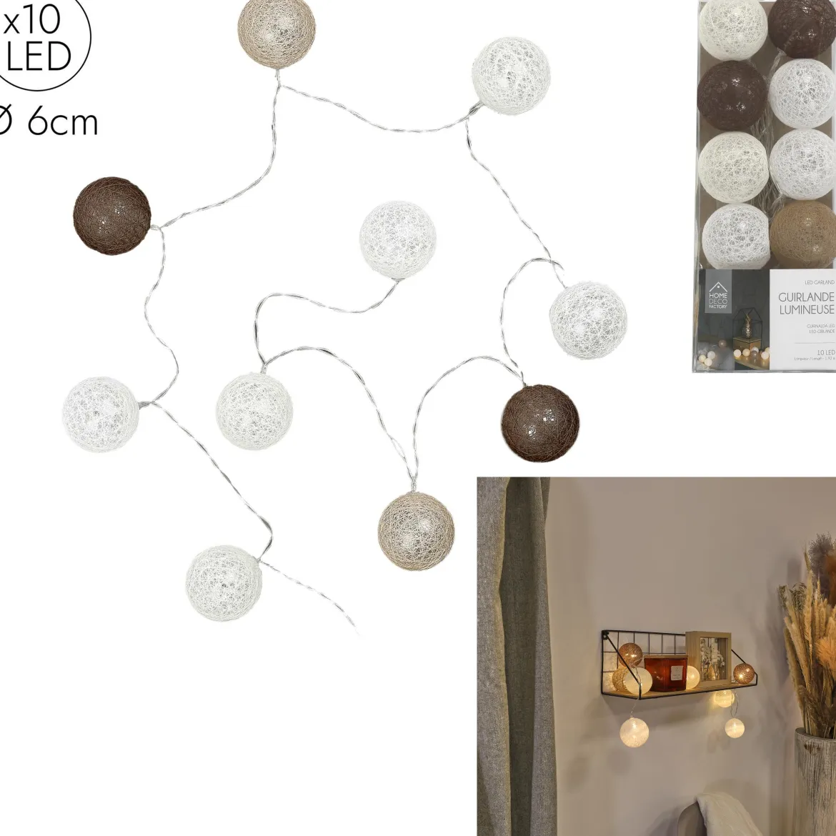 GUIRLANDE BOULE MARRON 10 LED D.6CM 1M92