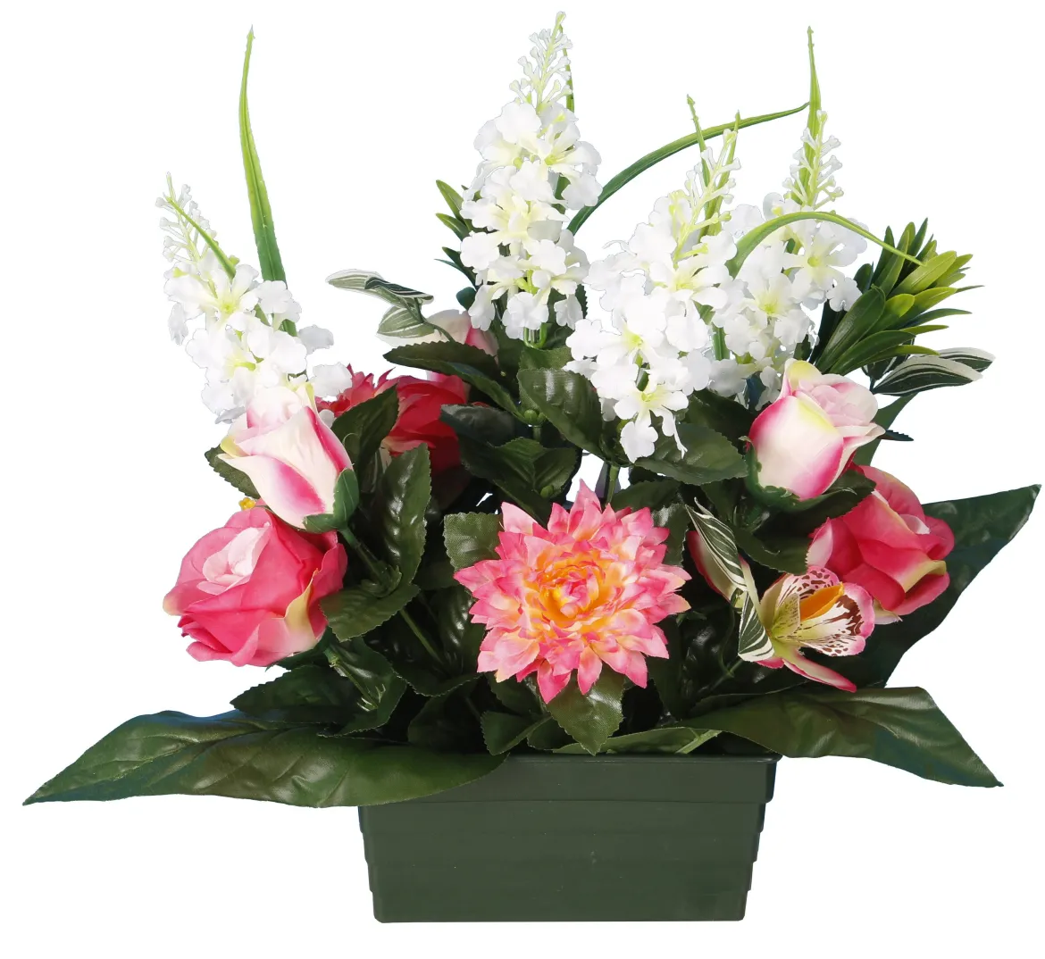 JARDINIERE DELPHINIUMS ROSES GERBERAS