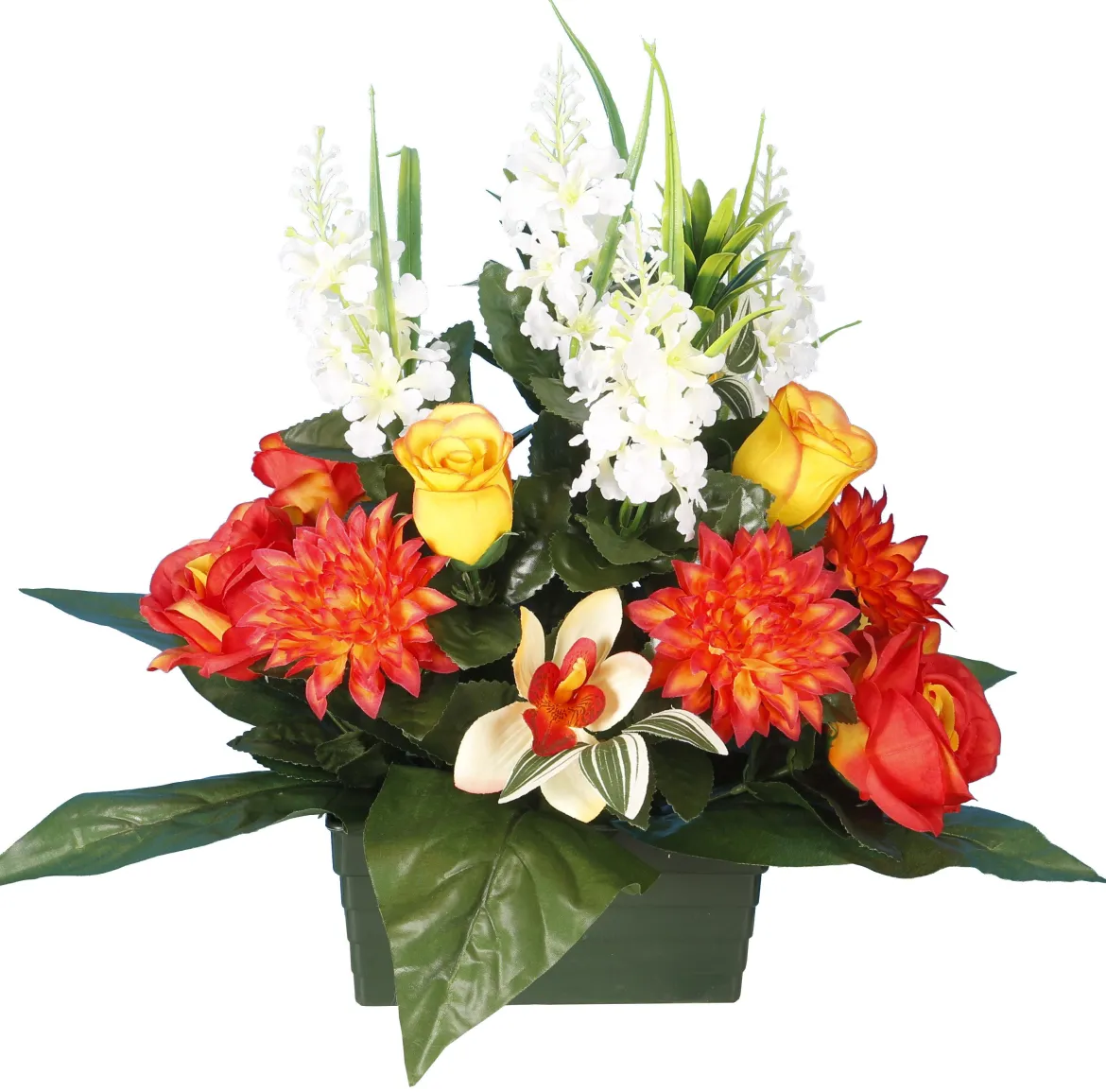 JARDINIERE DELPHINIUMS ROSES GERBERAS