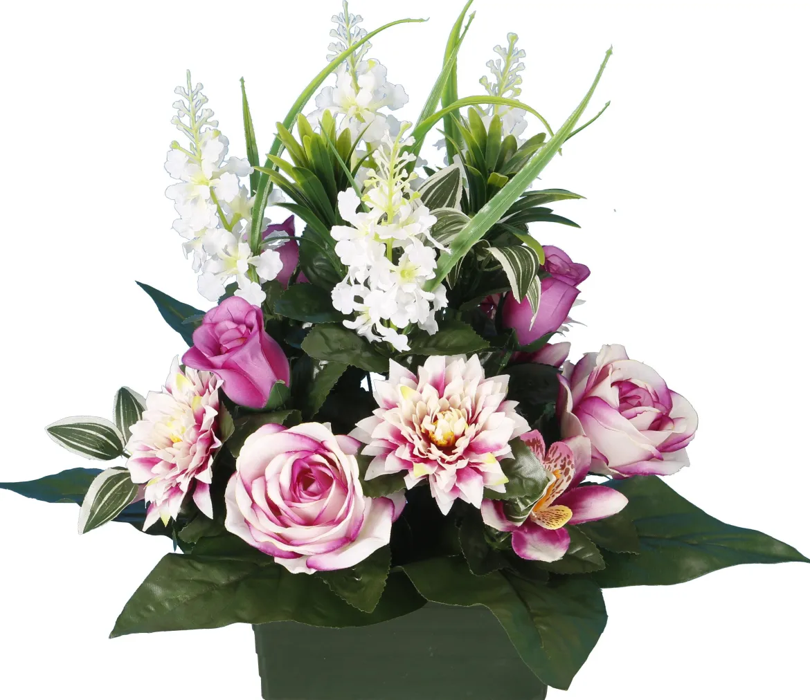 JARDINIERE DELPHINIUMS ROSES GERBERAS