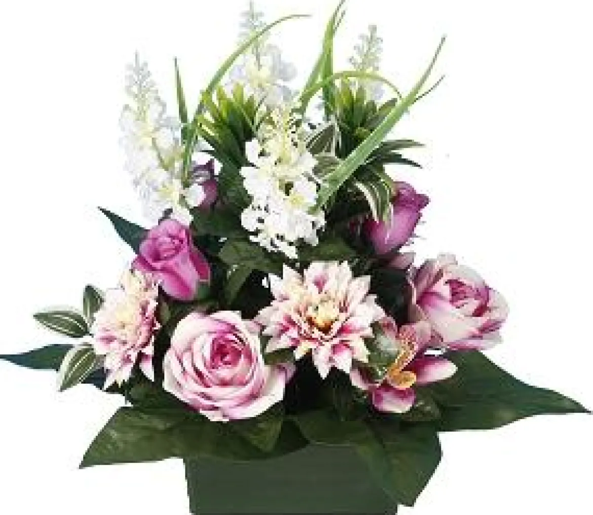 JARDINIERE DELPHINIUMS ROSES GERBERAS