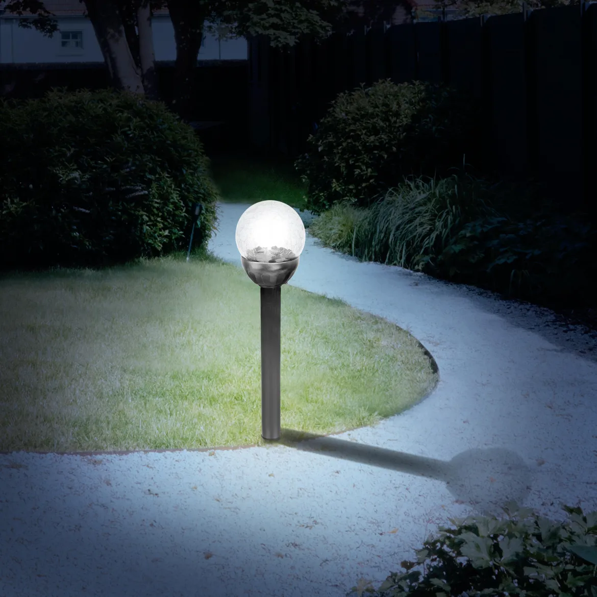 LAMPE 1 LED SOLAIRE INOX VERRE CRAQUELE H.38CM