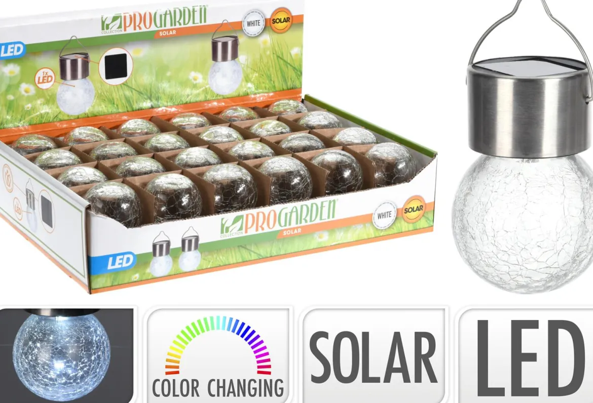 LAMPE SOLAIRE BOULE VERRE INOX LED CHANGE DE COULEUR D.6CM