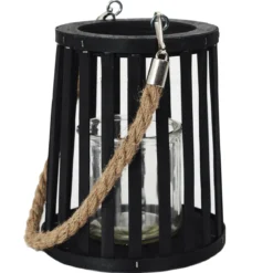 LANTERNE NOIRE AJOUREE ANSE CORDE 14X16CM