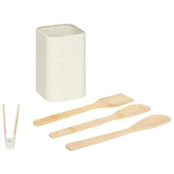 LOT 4 USTENSILES BAMBOU AVEC POT