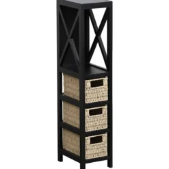 MEUBLE NOIR 1 ETAGERE 3 PANIERS PAPIER TRESSES NOIR NATUREL