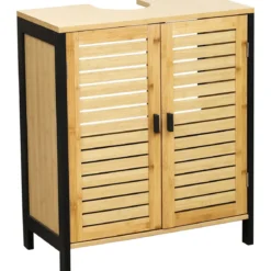 MEUBLE SOUS LAVABO BAMBOU 2 PORTES POIGNEES METAL 1 ETAGERE