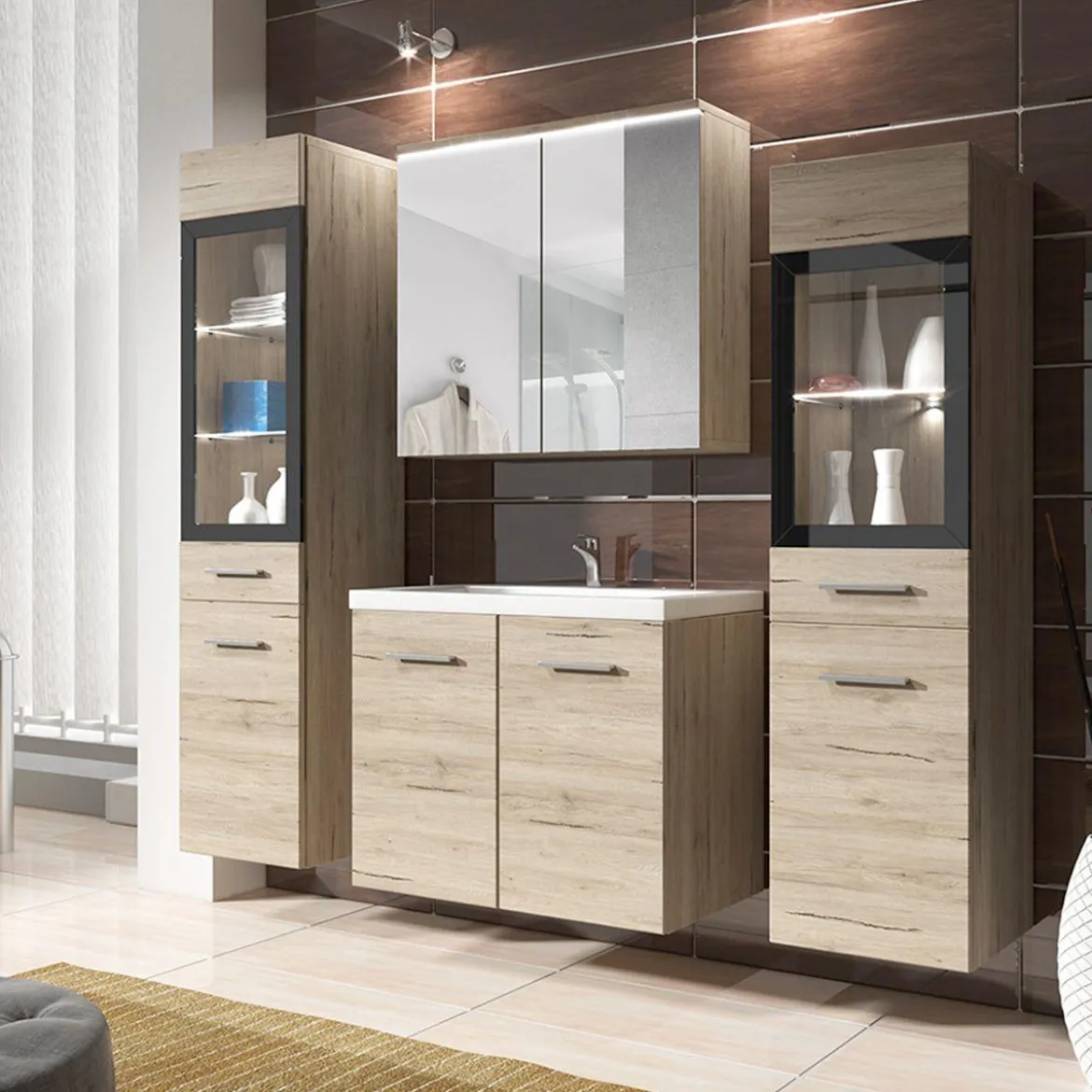 MEUBLE DE SALLE DE BAIN SUSPENDU AVEC MIROIR BLANC