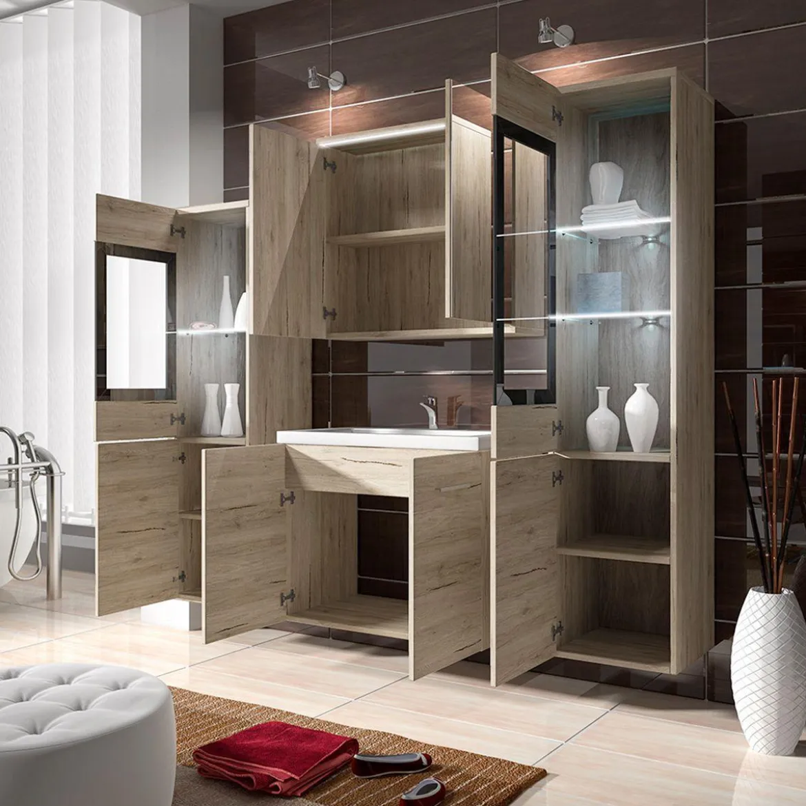 MEUBLE DE SALLE DE BAIN SUSPENDU AVEC MIROIR BLANC