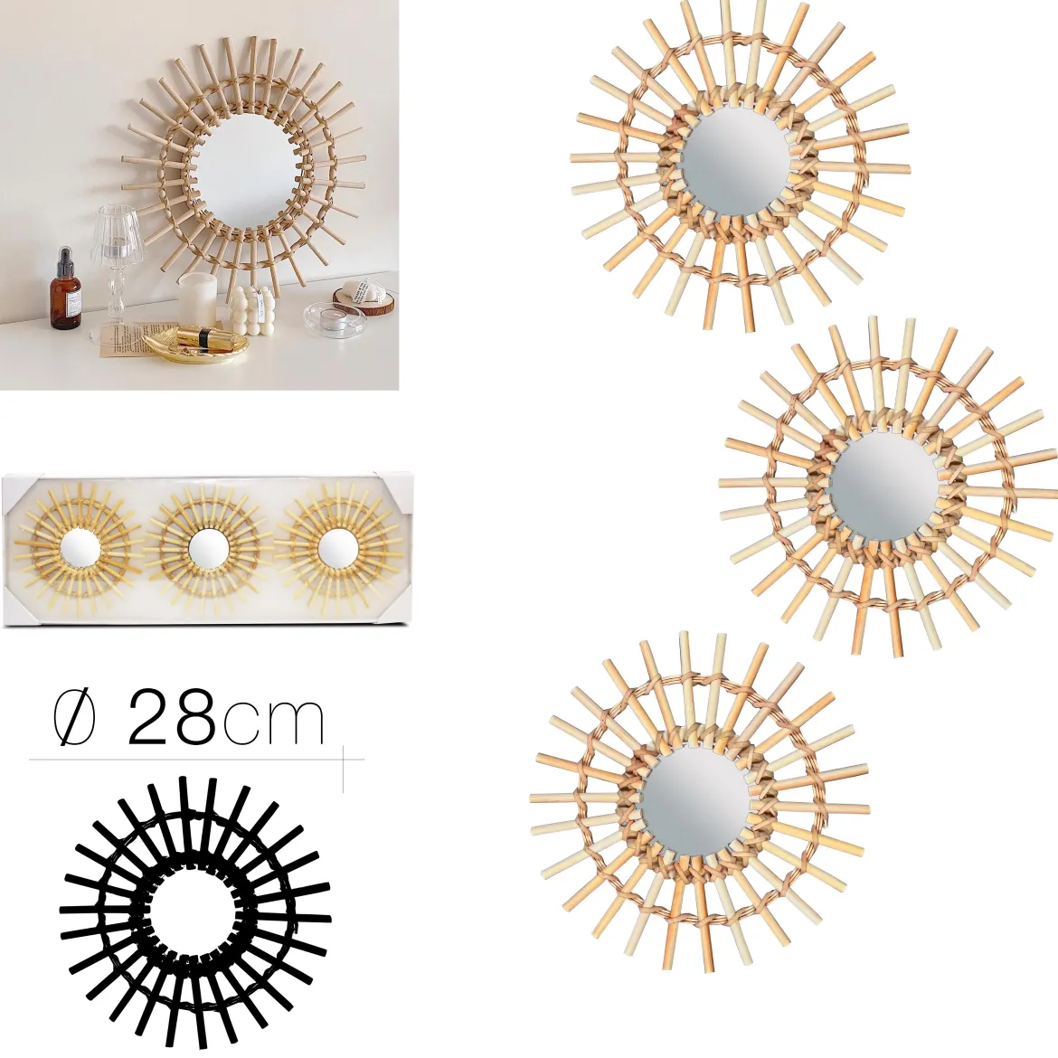 MIROIRS ROND BAMBOU X3 PIECES D.28CM