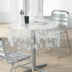 NAPPE CRISTAL RONDE 140 CM PVC IMPRIME FEUILLE BLANC