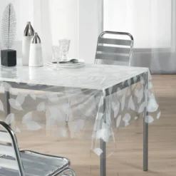 NAPPE CRISTAL 140X240CM PVC IMPRIME FEUILLE BLANC