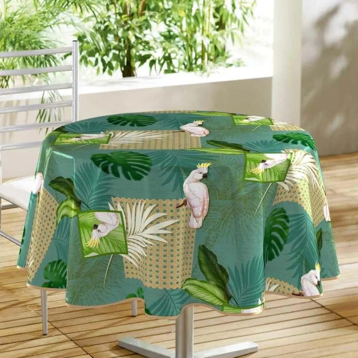 NAPPE RONDE 160 CM PVC PHOTOPRINT CACATOES VERT